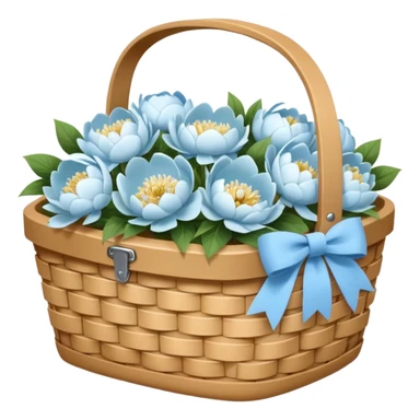 White Picnic basket with light blue bow and white peonies inside sticker