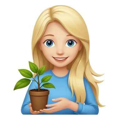Happy Woman with long blonde hair and blue eyes holding happy plant sticker