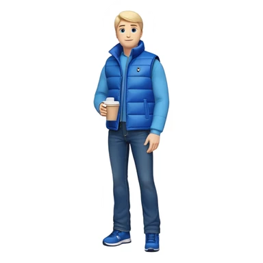 emoji full body man with long sleeve shirt with blue puffer winter vest with no pockets wearing straight long boot cut blue jeans with no cuffs and black tennis shoes holding a coffee mug in one hand directly in front of him at his chest and nothing in the other hand with his weight on one leg sticker