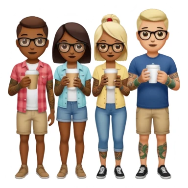 gözlük takan, dövmeli ve elinde kahve tutan, yaz kıyafetli insanlar farklı farklı,  sticker