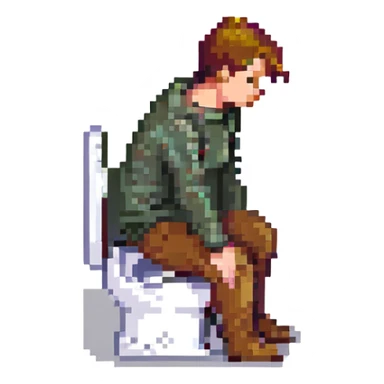 man pooping on toilet, playful, pixel art style sticker