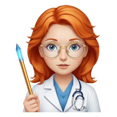 Girl doctor wavy orange red hair blue eyes in gold glasses . And  pointer sticker