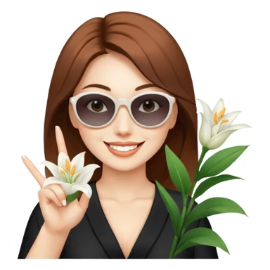 Professional sexy woman smiling holding lilies posing in shades  and flashing peace sign fingers sticker