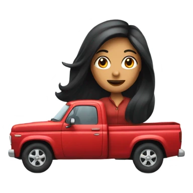 A lady with long black hair, driving and older red pick up truck  sticker