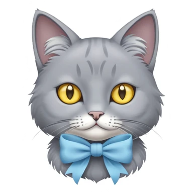 a grey cat with yellow eyes and a light blue full-length bow sticker