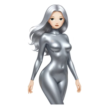 abstract sensual body silhouette, liquid silver chrome, smooth curves and posing, long metallic chorme hair sticker