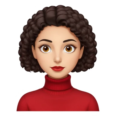 30 yr iranian woman dark brown hair curly wavy short hair, red turtle neck sweater, very thick eyebrows, light skin sticker