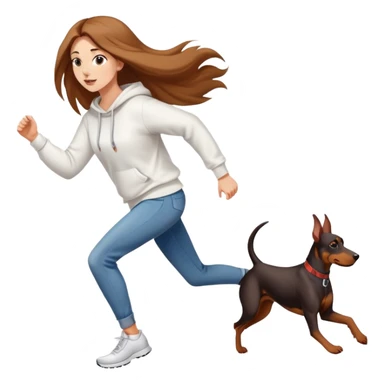 A beautiful girl with long hair wearing a white sweatshirt and jeans is running with a Doberman sticker