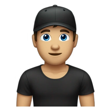 a guy with blue eyes, dark hair and bangs in backward black cap and in a black t-shirt sticker