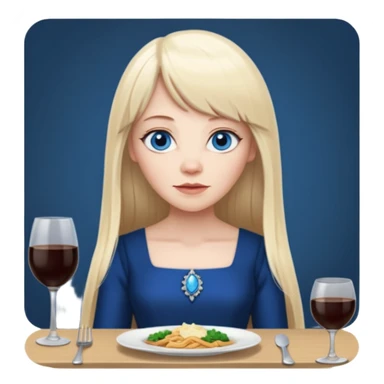 450 yr old white woman, pale skin, long straight blond hair parted in center, blue eyes, bangs, clothes for dinner sticker