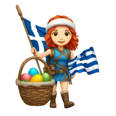 Greek Female winter mountaineer red hair white skin climbing with Greek Flag and Easter eggs basket sticker