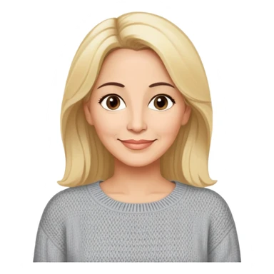 Linette Torres, 50-something Puerto Rican actress with fair complexion, extremely kind-hearted expression, bright caring eyes, soft motherly smile, blonde hair with relaxed styling, wearing a comfortable casual sweater sticker