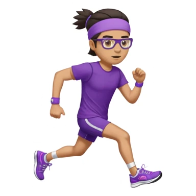 Running man in tight shorts and a purple t-shirt that says 'progressive run', with a headband, dark hair, running glasses, and stylish bright sneakers, emoji style, variation 4 sticker