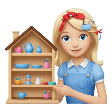 smiling girl arranging furniture in doll house sticker