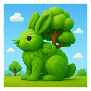 Transform the entire rabbit tree into a green leafy texture, making it appear as if it is made entirely of leaves. Render this in a style that mimics 3D emoji style with vibrant, smooth, and rounded features typical of Microsoft style 3D fluent emojis. sticker