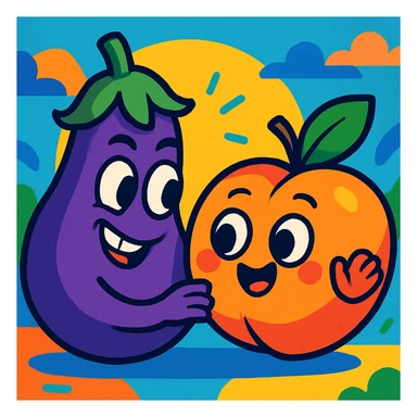 an eggplant and peach with playful interaction, cartoon style, vibrant colors sticker