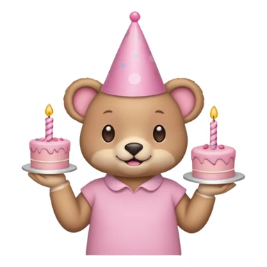 cute animal hold a pink birthday cake in both arms with pink birthday hat sticker