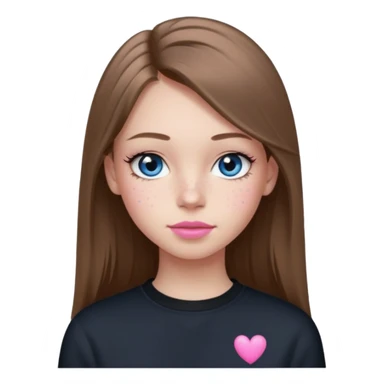 Create a teenage girl with LONG and straight light brunette hair, light skin, light freckles, and blue-grey eyes. She will have pink lips and long eyelashes. She will be wearing a black crewneck.  sticker