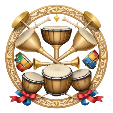 Create a heraldic, festive, and professional emblem-like emoji representing percussion instruments. The design should resemble a traditional crest, featuring a variety of percussion instruments such as cymbals, triangle, tambourine, maracas, timpani, bongo drums, and other traditional folk percussion instruments. Arrange them symmetrically, with cymbals crossing each other, the triangle at the center, and timpani or bongo drums flanking the sides. Include tambourines and maracas prominently, adding rhythm and texture. A flowing ribbon of musical notes should elegantly weave through the instruments, enhancing the sense of movement and celebration. Add intricate decorative patterns on the instruments, along with ornamental swirls, laurels, or flourishes to elevate the festive and heraldic feel. The overall composition should be balanced, harmonious, and visually striking, with an elegant and professional look. The background should be transparent. sticker