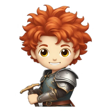 Red haired young boy with cheeky grin and pointy fluffy hair  designed in an anime type of graphic with a sword in a defense pose sticker