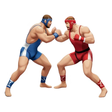 An icon depicting two wrestlers in a grappling stance on the mat, engaged in a fierce combat. One fighter attempts a takedown, while the other resists. The background shows a wrestling arena with bright lights and spectators around the edge of the ring. Transparent background  sticker