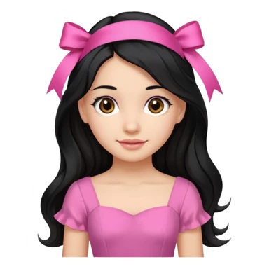 Beautiful girl with long black hair in a half-up half-down hairstyle with pink ribbon tying the top half, waves at the ends, brown eyes, light skin, slight smile, and pink dress sticker