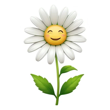 Cinematic Realistic Daisy Emoji, Cheerful and pure, with bright white petals surrounding a sunny yellow center, standing proudly atop a slender green stem. The soft, vibrant petals seem to radiate positivity, while a few green leaves frame the delicate flower. Soft glowing outline, capturing the essence of simplicity, innocence, and happiness in a single daisy. sticker