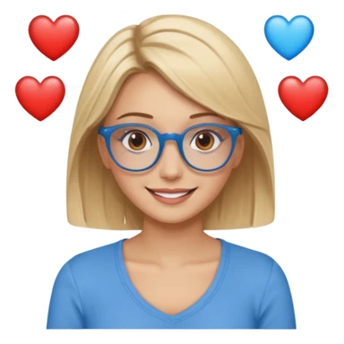 Asthectic pretty Blonde women brown eyes, blue glasses, wearing a brown top and smiling with hearts around her. sticker