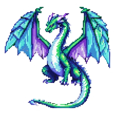 mysterious dragon with a long tail, large wings, and a magical aura, in green, blue, and purple sticker