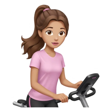 girl with wavy long ponytail brown hair, brown eyes, light to medium complexion, long lashes, light pink lipstick, wearing light pink shirt, on an elliptical sticker