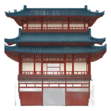 the facade of a large Chinese-style building with a blue roof and red wooden structures sticker