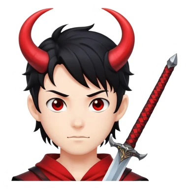 Anime devil boy with black hair, horns, and a sword sticker