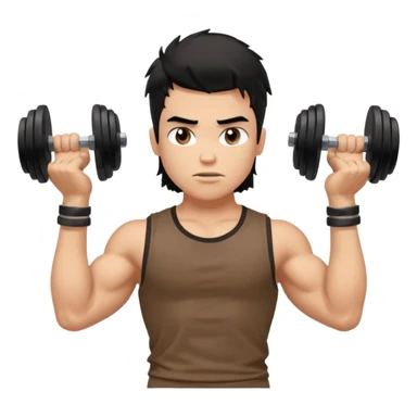 generate a pretty fair bratz boy with a messy mullet (black hair), wearing a brown tshirt. he has big biceps and is ripped. He is holding dumbbells sticker