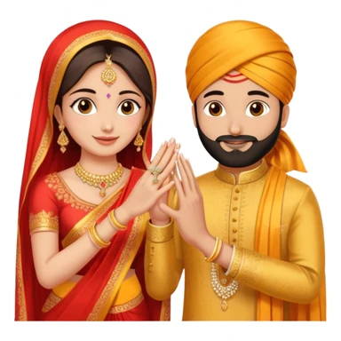 Two hands in a engagement..One hand of groom and one hand of bride. Bride hand - red/yellow saree. groom- light orange punjabi (oonly hands will be visible in the image). Groom's hand is holding a ring sticker