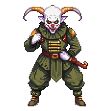 evil clown soldier, bald, short goat horns on forehead, fangs, pointed ears, black and military green clothes, fighting stance sticker