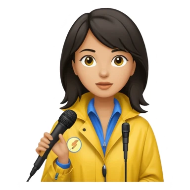 dark haired woman with rain coat and microphone sticker