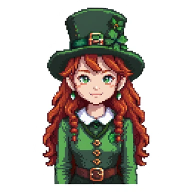 girl with red hair and brown eyes with a leprechaun sticker