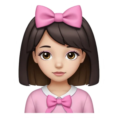 a 13 year old girl with black and brown hair with blond highlights. pink bows and pink outfit with long eyelashes and black eyes sticker