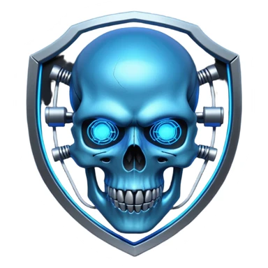 Cyberpunk shield, skull with cybernetic implants, glowing wires, dark electric blue and black tones, no background sticker
