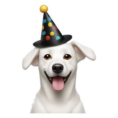 White dog with black spot eye with a birthday hat sticker