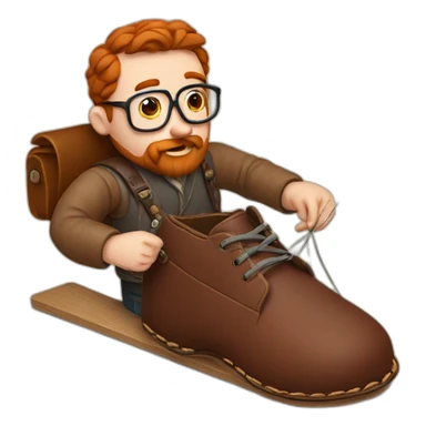 Red smooth haired man with beard and glasses hand sewing a leather saddle with needle and thread sticker