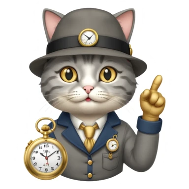 Chess cat pointing at a pocket watch wearing a hat sticker