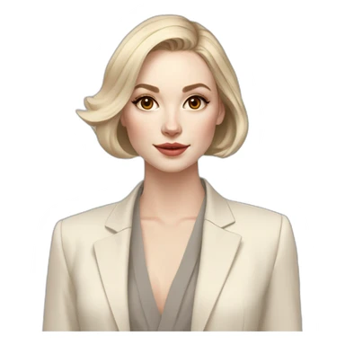 pale skin woman with ash blonde Straightened bob Hair, White Spacious classical jacket, beige palazzo Arrow pants and gray blouse holding a color palettes in the hands sticker