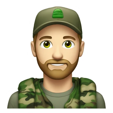 an attractive young white man with green eyes wearing a camo hat and a nicely trimmed beard sticker