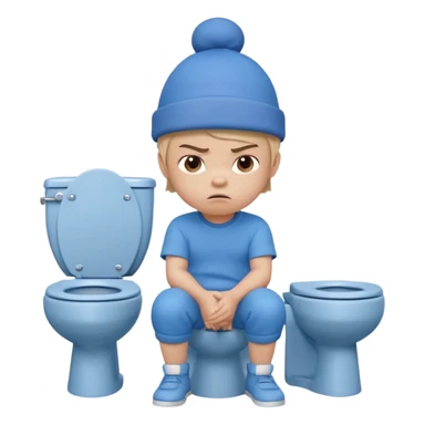 3D cartoon child with a slightly different face, wearing the same style blue hat and blue outfit, sitting on a toilet, angry expression, arms crossed, pastel children’s animation style." sticker