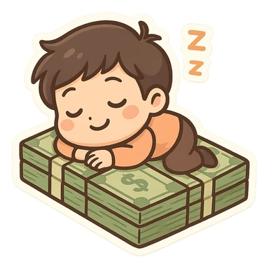 happy person napping on mattress of money sticker