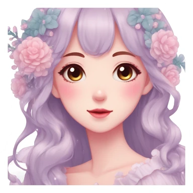 Gorgeous pastel anime style lady with blushing face and flowers cottagecore fairycore pastelcore colorful pearly romantic simplistic aesthetic trending style sticker