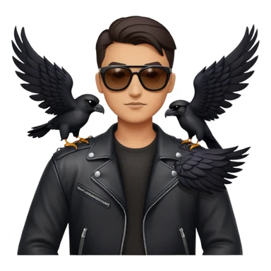 Biker with wings wearing sunglasses holding a raven sticker