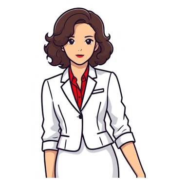 brunette woman with wavy hair, wearing a white dress shirt and red blazer sticker