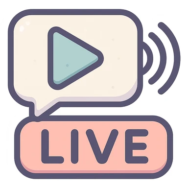 playful and modern icon for live stream, vector look with shadows and highlights, detailed shading, thin clean outlines, soft rounded features, pastel palette #98B5BC #B5B3C1 #C9A3C9 #E4C0CA #F7DCD1 #F7C0AA, Japanese pop art style, sticker look, highly detailed, transparent background sticker